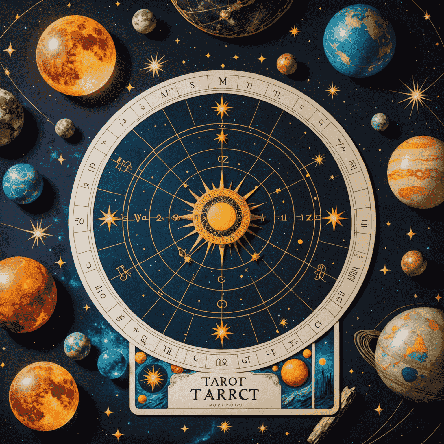 Tarot kartları ve astroloji çizelgesi yan yana, mistik bir arka plan üzerinde gösteriliyor. Kartlar ve gezegenler arasında enerji akışını temsil eden parlak çizgiler var.