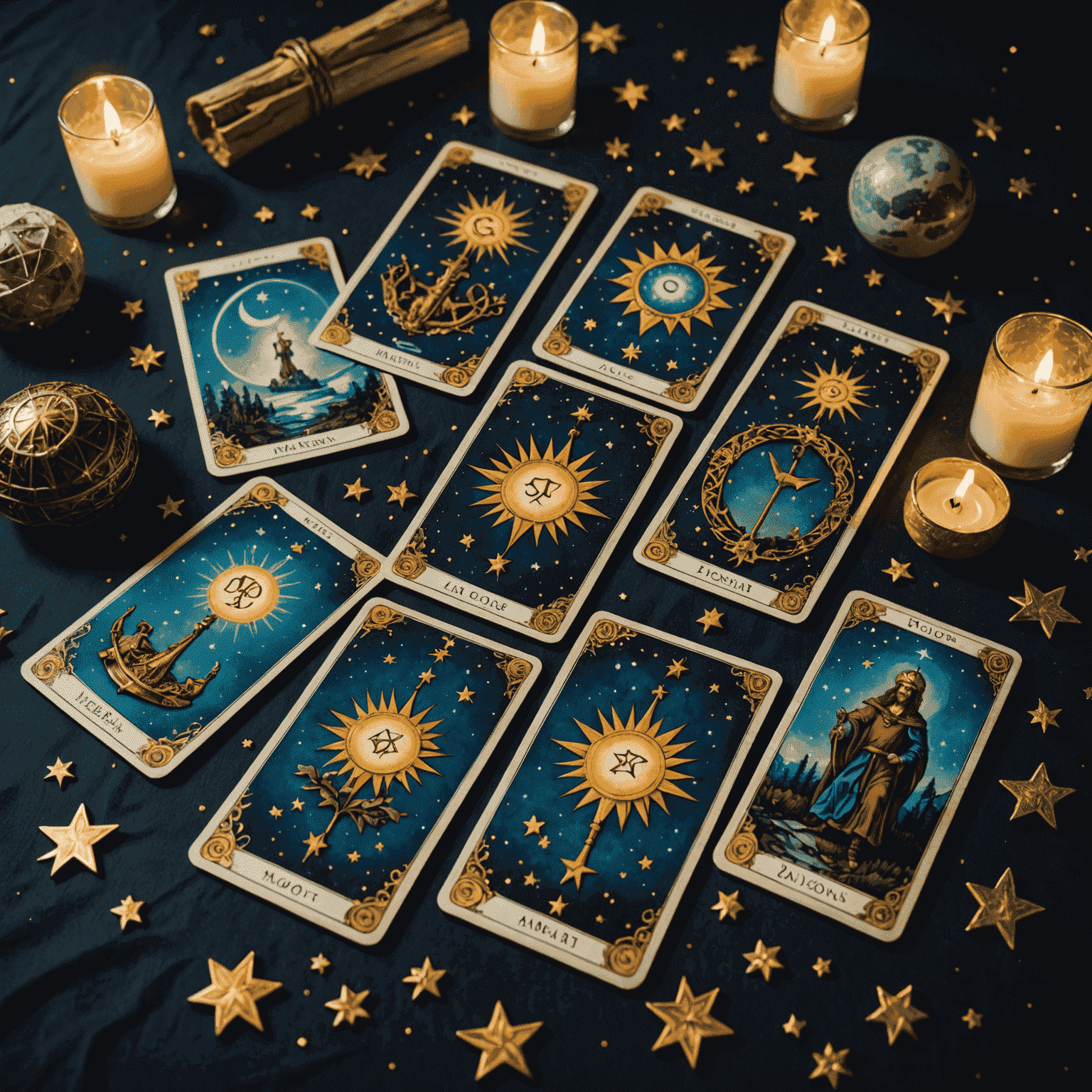 Büyük Arkana tarot kartları, mistik bir arka plan üzerinde dağılmış halde. Kartların etrafında parlayan yıldızlar ve ay ışığı efektleri var.