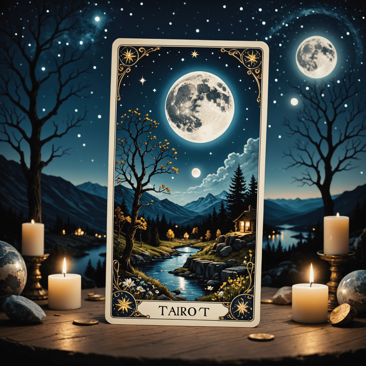 Ay ışığında parlayan tarot kartları, mistik bir atmosferde dağılmış halde. Arka planda yıldızlı bir gece gökyüzü ve dolunay görünüyor.