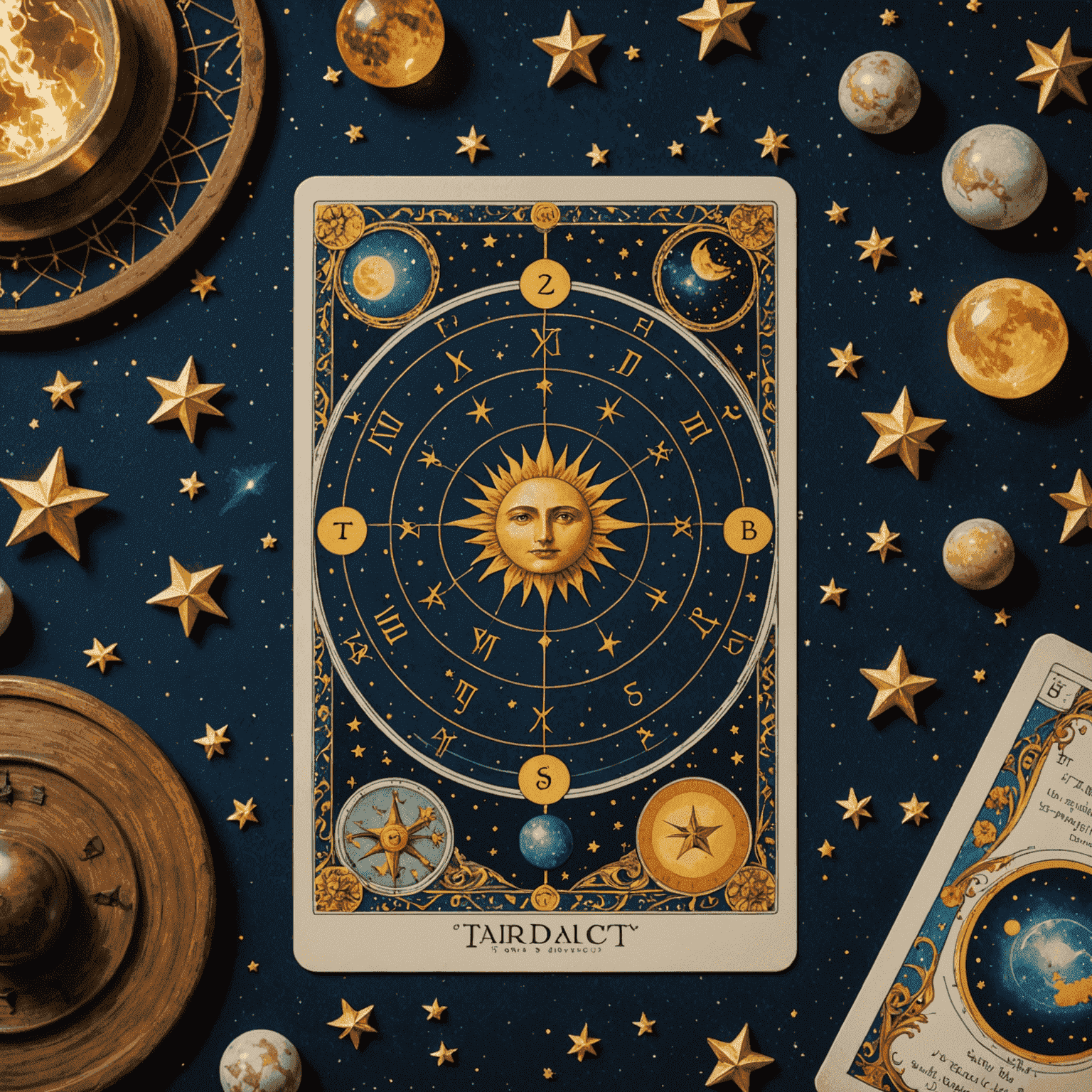 Tarot kartları ve astroloji çizelgesi yan yana gösteriliyor. Kartlar yıldızlı bir gece gökyüzü fonunda dağılmış durumda.